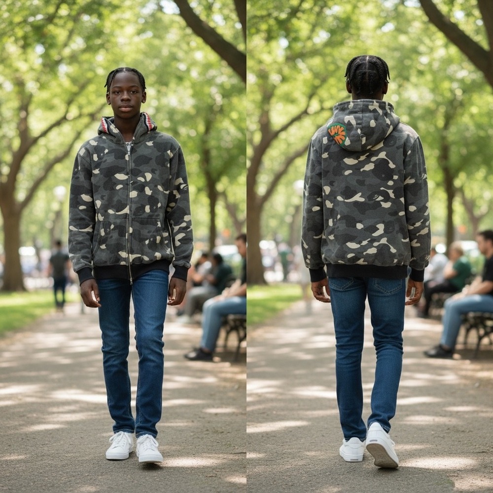 A Bathing‎ Ape BAPE Shark Full Zip Hoodie Grey Camo Tiger Graphic Kids Size M